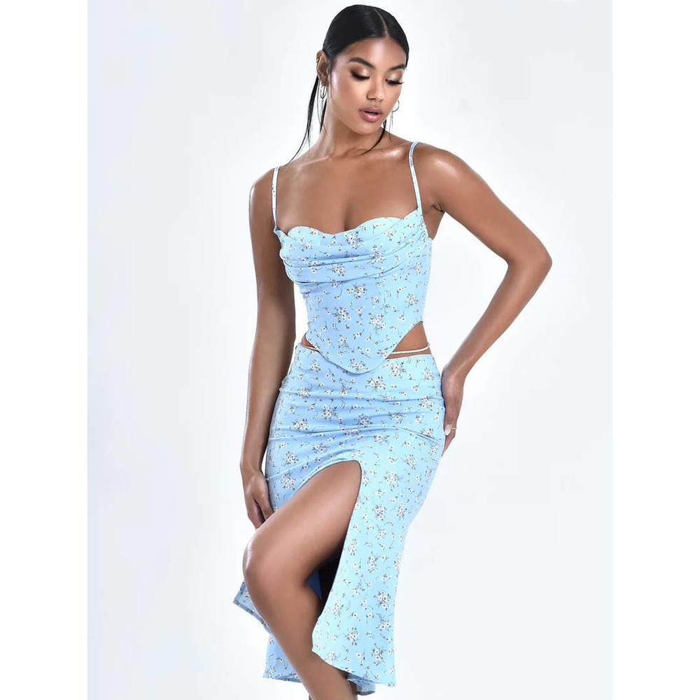 Miss Circle Nora Floral Corset Top & Mary Slit Skirt Set Blue Women's XS NWOT